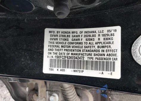 2019 Honda Civic Lx из США, поврежденный, VIN 19XFC2F63KE042472